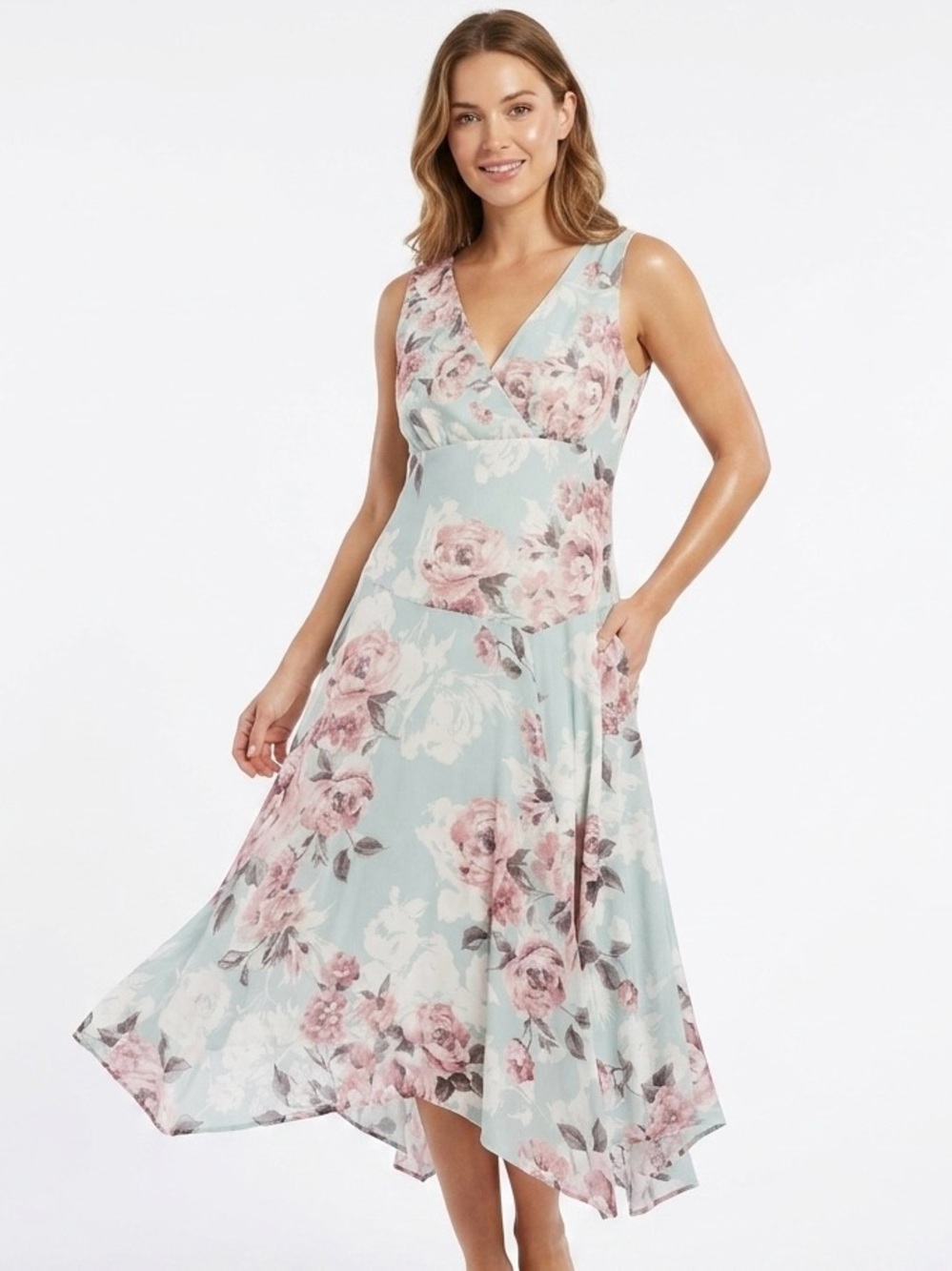 connected apparel Pastel Blue Floral High-Low Midi Dress